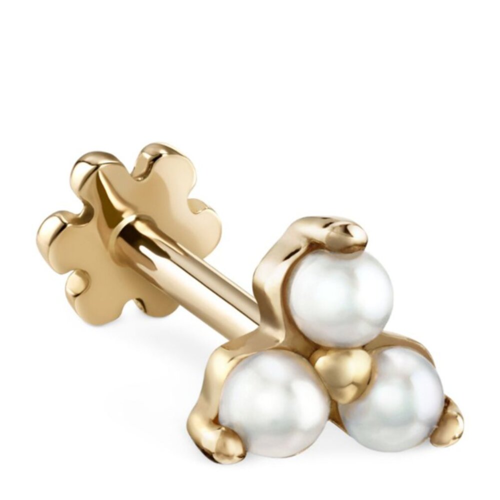 Maria Tash Pearl Trinity Threaded Stud Earring 14K yellow gold piercing